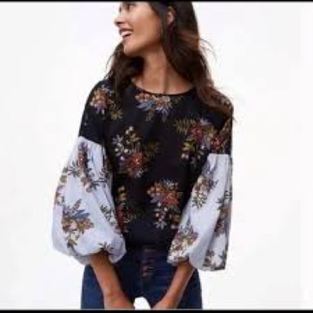 LOFT Black Floral Boho Balloon Sleeve Cotton Blouse XS Cottagecore Romantic